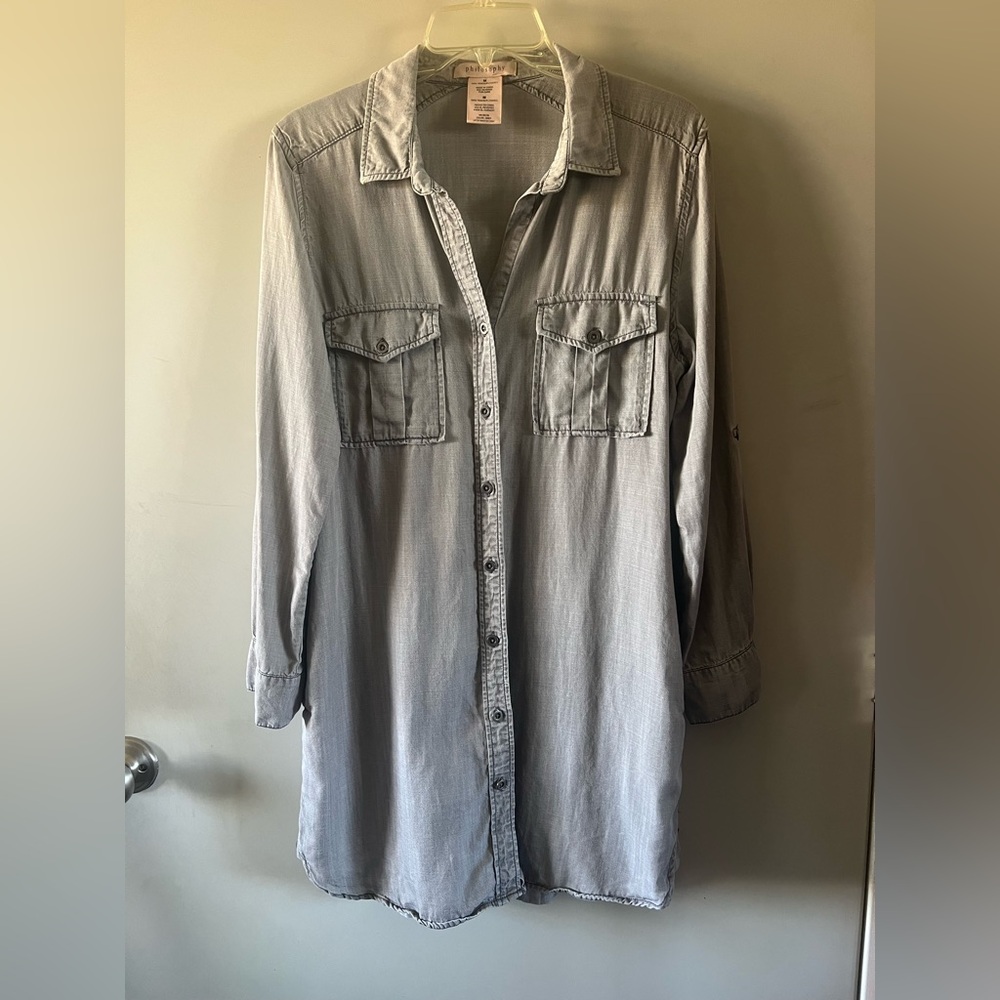 Philosophy Women's Gray Tencel Chambray Button Up Shirt Dress Tunic Size Medium